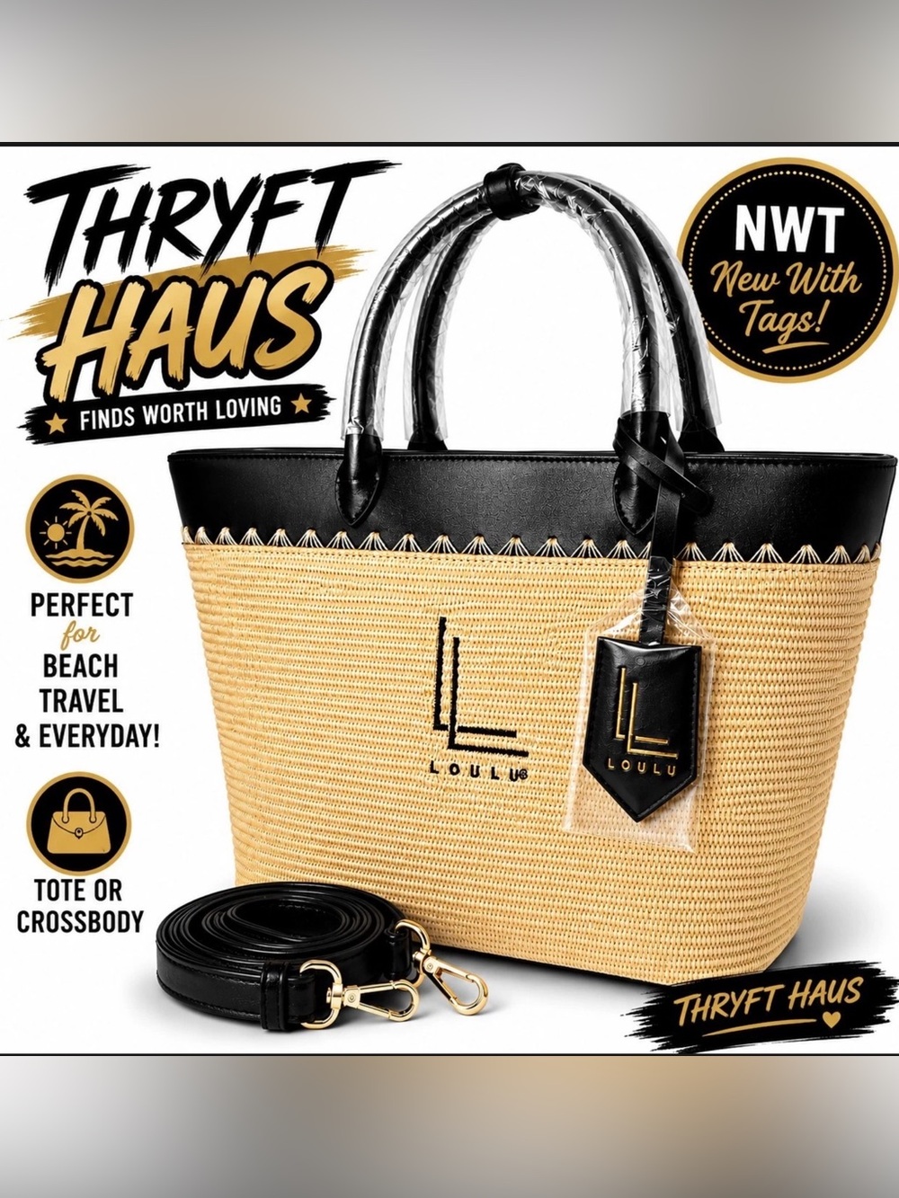 Lulu's Black and Natural Straw Tote with Detachable Strap